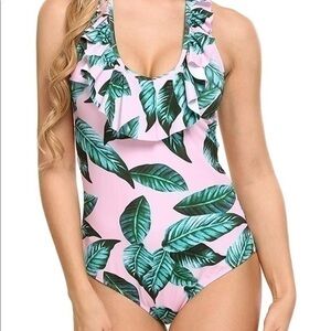 Ruffle one piece swimsuit- palm leaf print
